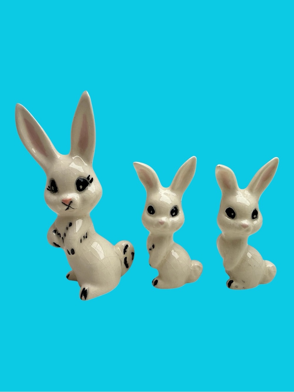 Vintage Porcelain Trio of Rabbits Bunnies Hand-painted Mid-Century 1950s 1960s